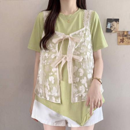 BY19161# 大码宽松时髦叠穿蕾丝马甲t恤两件套短袖上衣女夏季新款 服裝批發女裝批發服飾貨源