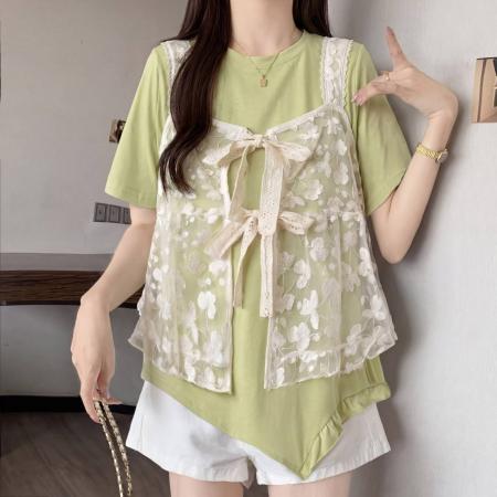 BY19161# 大码宽松时髦叠穿蕾丝马甲t恤两件套短袖上衣女夏季新款 服裝批發女裝批發服飾貨源