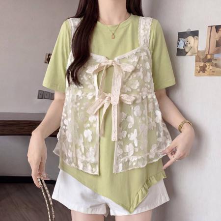BY19161# 大码宽松时髦叠穿蕾丝马甲t恤两件套短袖上衣女夏季新款 服裝批發女裝批發服飾貨源