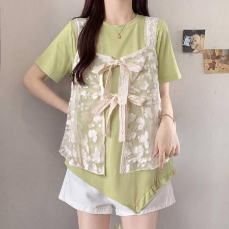 BY19161# 大码宽松时髦叠穿蕾丝马甲t恤两件套短袖上衣女夏季新款 服裝批發女裝批發服飾貨源