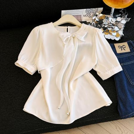 BY19163# 夏季新款短袖缎面蝴蝶结钉珠衬衫女上衣夏小衫 服裝批發女裝批發服飾貨源