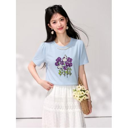 BY19164# 夏季新款钉珠印花圆领针织短袖T恤 服裝批發女裝批發服飾貨源