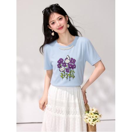 BY19164# 夏季新款钉珠印花圆领针织短袖T恤 服裝批發女裝批發服飾貨源