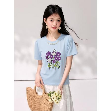 BY19164# 夏季新款钉珠印花圆领针织短袖T恤 服裝批發女裝批發服飾貨源