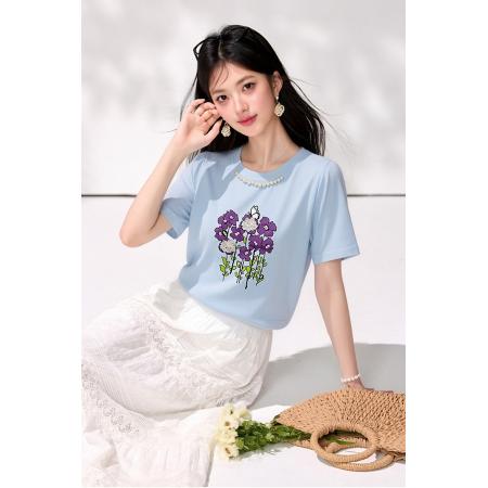BY19164# 夏季新款钉珠印花圆领针织短袖T恤 服裝批發女裝批發服飾貨源