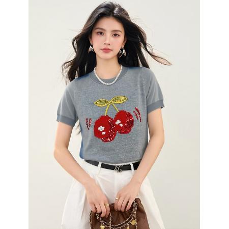 BY19165# 复古重工樱桃晕染短袖T恤女夏季修身显瘦小众设计感圆领针织衫 服裝批發女裝批發服飾貨源