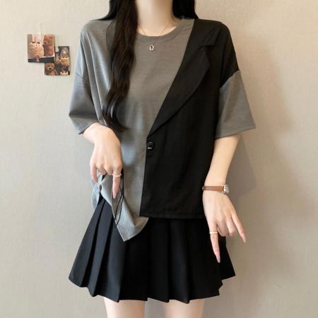 BY19166# 胖妹妹夏新款设计感休闲百搭不对称宽松假两件正肩短袖T 服裝批發女裝批發服飾貨源