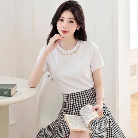 BY19167# 多色短袖T恤女夏季新款小圆领钉珠贝壳设计感漂亮正肩上衣 服裝批發女裝批發服飾貨源