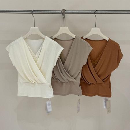 BY19173# 漂亮法式小资独特别致绝美蕾丝拼接V领短袖收腰T恤上衣 服裝批發女裝批發服飾貨源