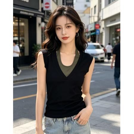 BY19174# 撞色假两件挂脖背心女夏外穿设计感小众轻熟修身短款套头上衣 服裝批發女裝批發服飾貨源