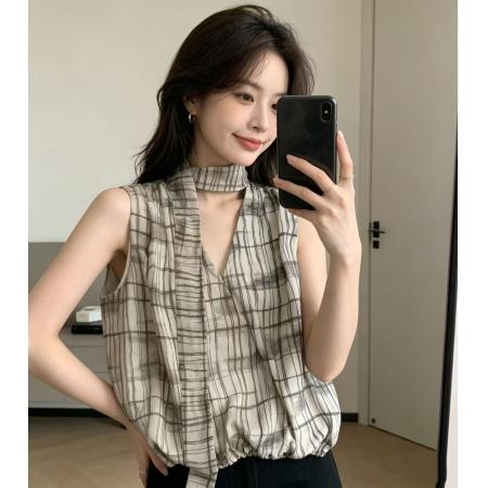 BY19175# 法式飘带领无袖衬衫女夏季新款独特别致休闲宽松显瘦百搭小衫上衣 服裝批發女裝批發服飾貨源