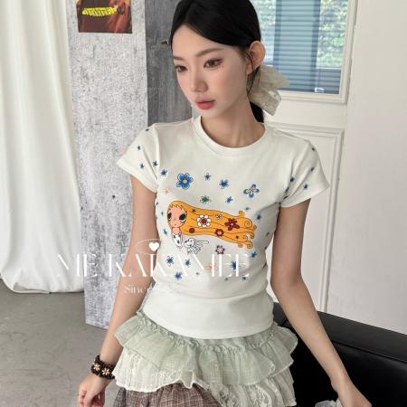 BY19178# 正肩修身T恤短袖女夏季韩系圆领套头星星印花显瘦百搭洋气上衣潮 服裝批發女裝批發服飾貨源