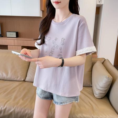 BY19184# 纯棉短袖t恤女夏季新款圆领印花大码女装休闲显瘦上衣 服裝批發女裝批發服飾貨源