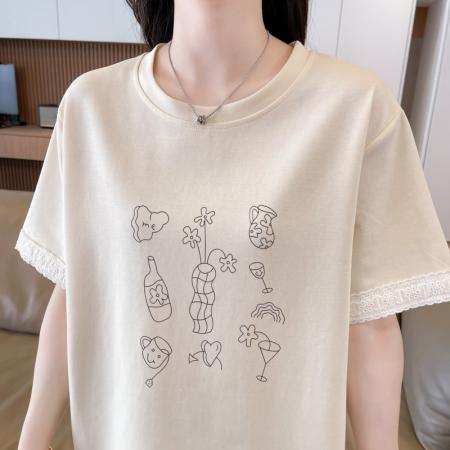 BY19184# 纯棉短袖t恤女夏季新款圆领印花大码女装休闲显瘦上衣 服裝批發女裝批發服飾貨源