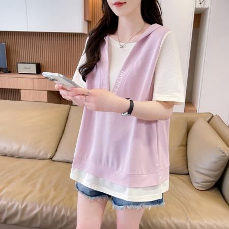 BY19185# 纯棉短袖t恤女夏季新款设计感假两件休闲显瘦上衣ins 服裝批發女裝批發服飾貨源