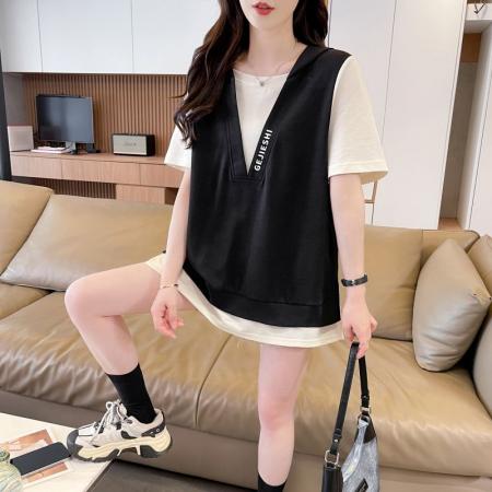 BY19185# 纯棉短袖t恤女夏季新款设计感假两件休闲显瘦上衣ins 服裝批發女裝批發服飾貨源