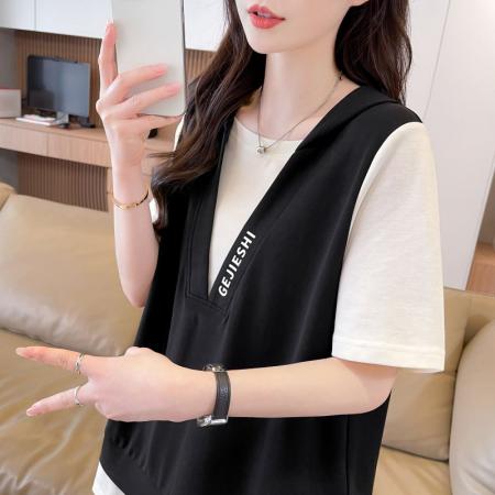 BY19185# 纯棉短袖t恤女夏季新款设计感假两件休闲显瘦上衣ins 服裝批發女裝批發服飾貨源