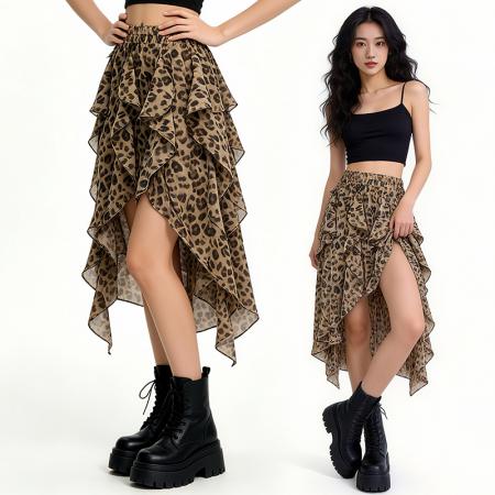 BY19190# 韩系豹纹印花显瘦雪纺蛋糕裙女春夏新款不规则垂感松紧女士半身裙 服裝批發女裝批發服飾貨源