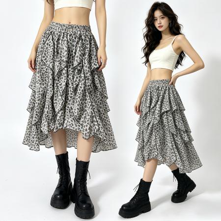 BY19190# 韩系豹纹印花显瘦雪纺蛋糕裙女春夏新款不规则垂感松紧女士半身裙 服裝批發女裝批發服飾貨源