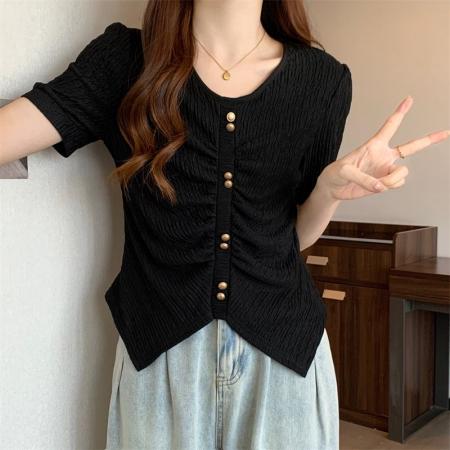 BY19191# 300斤大码女装短袖t恤胖mm洋气减龄设计感褶皱小衫不规则上衣女夏 服裝批發女裝批發服飾貨源