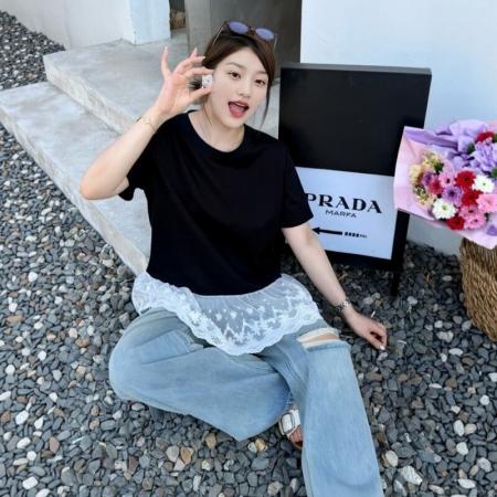 BY19192# 300斤大码女装蕾丝拼接中长款短袖T恤夏季胖mm宽松慵懒遮肚子上衣 服裝批發女裝批發服飾貨源