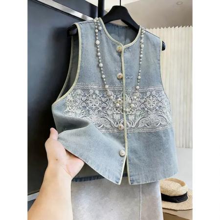 BY19193# 夏新中式国风牛仔设计马甲女圆领类似拼接减龄百搭通勤外套 服裝批發女裝批發服飾貨源