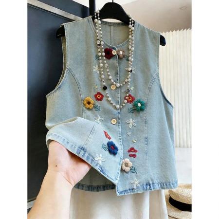BY19194# 韩系森女风重工刺绣花朵牛仔马甲女无袖单排扣百搭显瘦叠穿上衣 服裝批發女裝批發服飾貨源