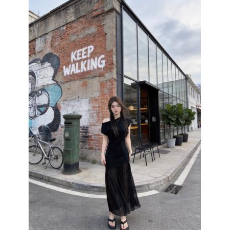 BY19201# 法式高级感斜领网纱裙子女夏季新款时尚精致修身显瘦连衣裙 服裝批發女裝批發服飾貨源