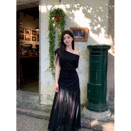 BY19201# 法式高级感斜领网纱裙子女夏季新款时尚精致修身显瘦连衣裙 服裝批發女裝批發服飾貨源