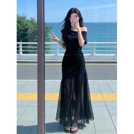 BY19201# 法式高级感斜领网纱裙子女夏季新款时尚精致修身显瘦连衣裙 服裝批發女裝批發服飾貨源