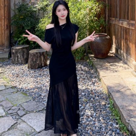 BY19201# 法式高级感斜领网纱裙子女夏季新款时尚精致修身显瘦连衣裙 服裝批發女裝批發服飾貨源