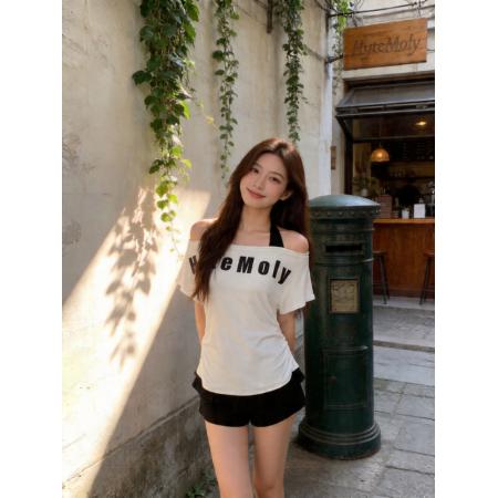 BY19203# 韩系慵懒风挂脖印花短袖T恤女夏季新款纯欲时尚收腰显瘦上衣 服裝批發女裝批發服飾貨源