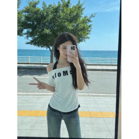 BY19203# 韩系慵懒风挂脖印花短袖T恤女夏季新款纯欲时尚收腰显瘦上衣 服裝批發女裝批發服飾貨源