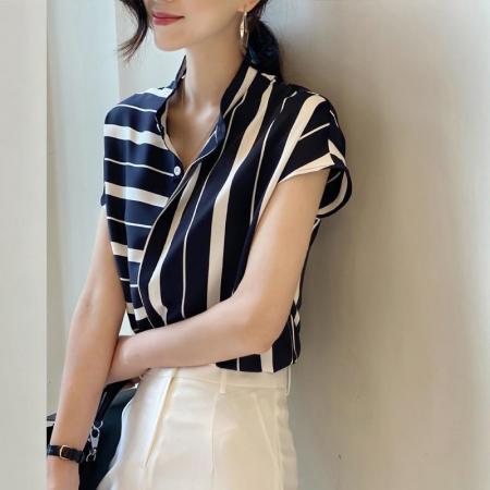 BY19207# 复古高级感修身气质条纹衬衫夏季新款职业设计感女装法式上衣 服裝批發女裝批發服飾貨源