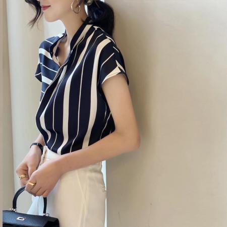 BY19207# 复古高级感修身气质条纹衬衫夏季新款职业设计感女装法式上衣 服裝批發女裝批發服飾貨源