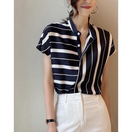BY19207# 复古高级感修身气质条纹衬衫夏季新款职业设计感女装法式上衣 服裝批發女裝批發服飾貨源