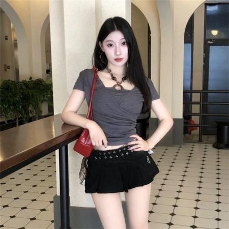 BY19208# 纯欲辣妹风串珠挂脖短袖T恤女夏季新款修身设计感短上衣 服裝批發女裝批發服飾貨源