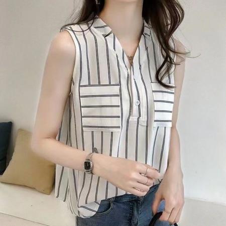 BY19209# 无袖衬衫女夏季新款设计感V领条纹心机上衣洋气背心衬衫潮 服裝批發女裝批發服飾貨源