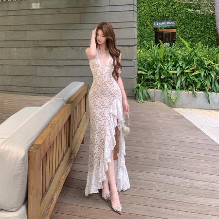 BY19210# 名媛性感蕾丝深V领挂脖连衣裙立体花朵显瘦荷叶边开叉长裙 服裝批發女裝批發服飾貨源