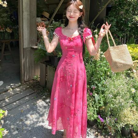 BY19211# 玫红色扎染刺绣长款方领泡泡袖收腰吊带连衣裙女夏法式裙子 服裝批發女裝批發服飾貨源