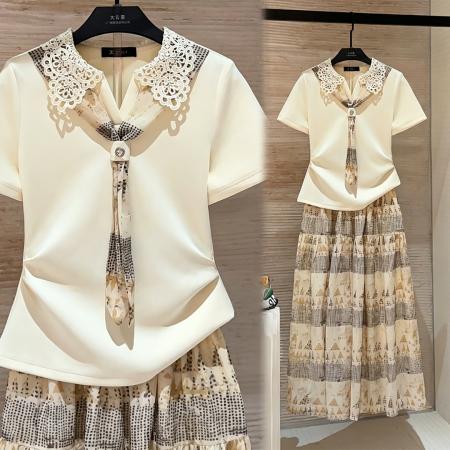 BY19212# 夏季新款休闲宽松显瘦版蕾丝翻领短袖套装裙时尚两件套 服裝批發女裝批發服飾貨源