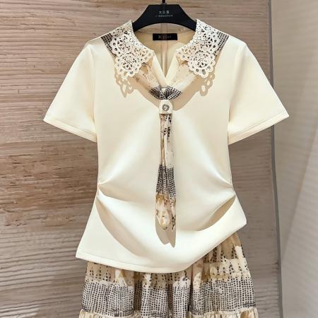 BY19212# 夏季新款休闲宽松显瘦版蕾丝翻领短袖套装裙时尚两件套 服裝批發女裝批發服飾貨源