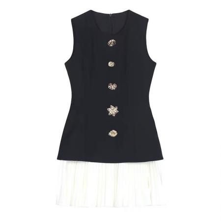 FA56889# 小香风名媛小黑裙短裙圆领撞色假两件背心裙拼接百褶无袖连衣裙子