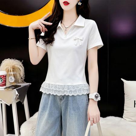 BY19216# 棉夏季蕾丝拼接短款短袖t恤女体恤上衣 服裝批發女裝批發服飾貨源