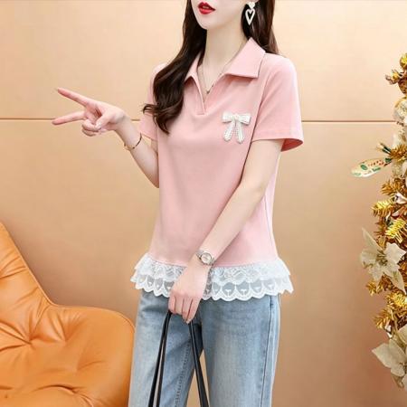 BY19216# 棉夏季蕾丝拼接短款短袖t恤女体恤上衣 服裝批發女裝批發服飾貨源
