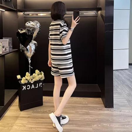 BY19220# 原版面料棉质条纹刺绣圆领短袖短裤运动套装女夏两件套跑步服 服裝批發女裝批發服飾貨源