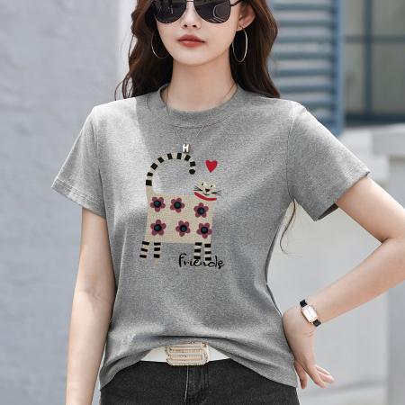 BY19226# 新款短袖T恤女装夏季潮流时尚宽松显瘦简约圆领立体图案上衣 服裝批發女裝批發服飾貨源
