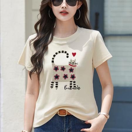 BY19226# 新款短袖T恤女装夏季潮流时尚宽松显瘦简约圆领立体图案上衣 服裝批發女裝批發服飾貨源