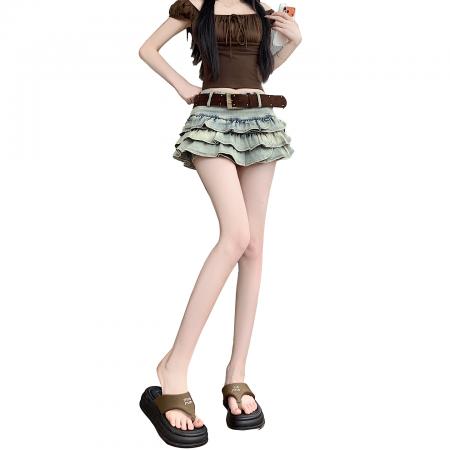 BY19235# 美式纯欲风辣妹设计感弹力牛仔蛋糕百褶半身裙裤裙＋腰带 服裝批發女裝批發服飾貨源