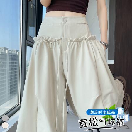 BY19246# 设计感高腰木耳边弯刀裤慵懒风抽绳显瘦气球裤百搭休闲裤 服裝批發女裝批發服飾貨源